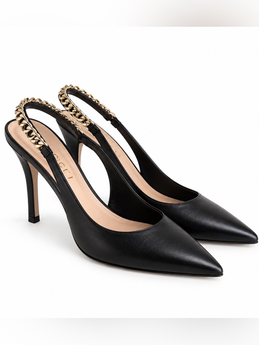 Gucci Signoria Leather Pointed Slingback Pumps with Gold Chain